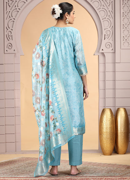 Organza Jacquard Sky Blue Party Wear Pattern Pc Work Readymade Salwar Suit 386176
