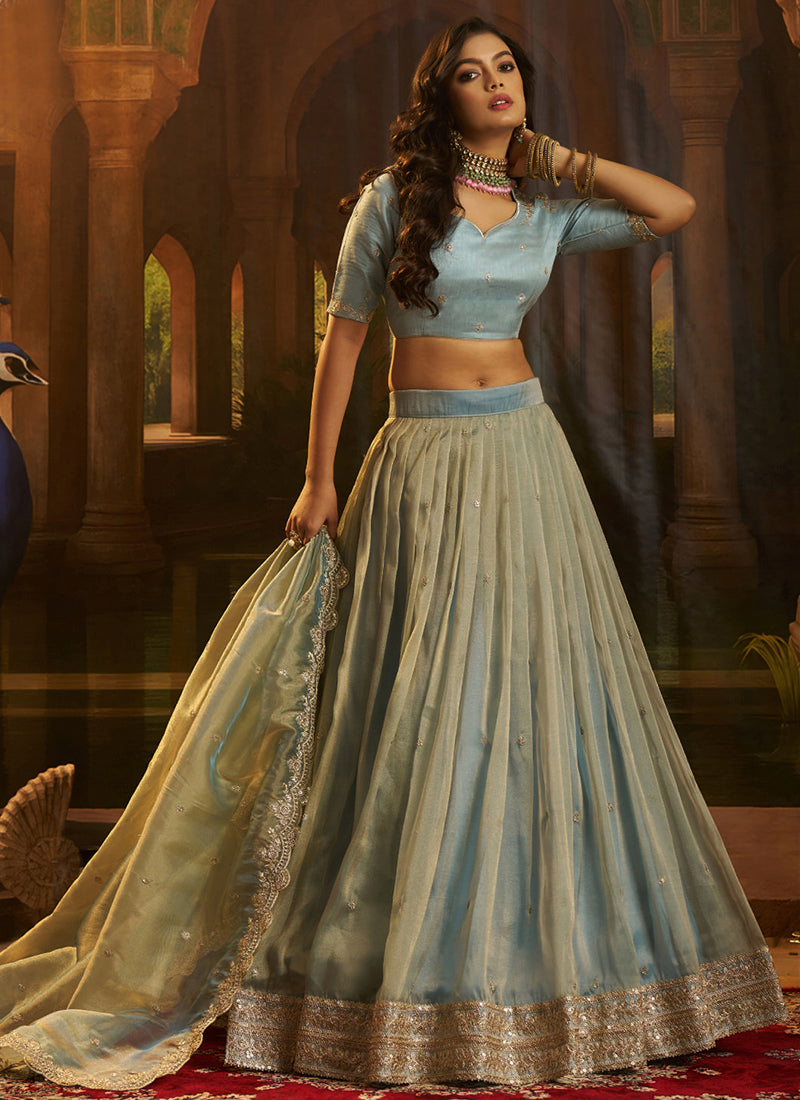 Organza Sky Blue Party Wear Zari Sequins Work Lehenga Choli 388597