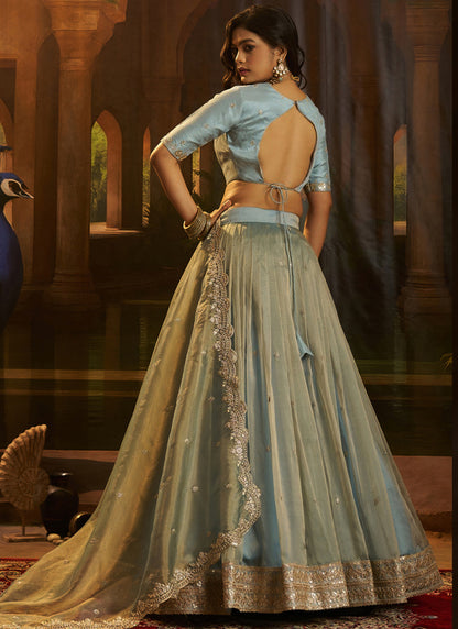 Organza Sky Blue Party Wear Zari Sequins Work Lehenga Choli 388597