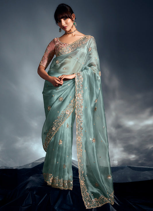 Organza Sky Blue Saree with Sequin Work for Wedding Wear 383020