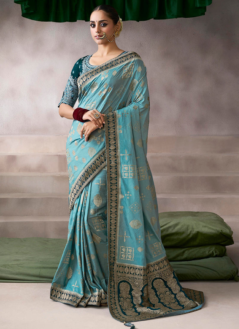 Pure Crepe Sky Blue Wedding Wear Heavy Work Wedding Saree 387285