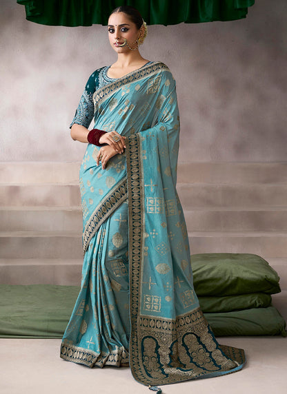 Pure Crepe Sky Blue Wedding Wear Heavy Work Wedding Saree 387285