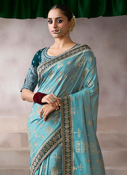 Pure Crepe Sky Blue Wedding Wear Heavy Work Wedding Saree 387285