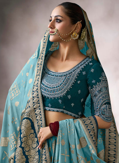 Pure Crepe Sky Blue Wedding Wear Heavy Work Wedding Saree 387285