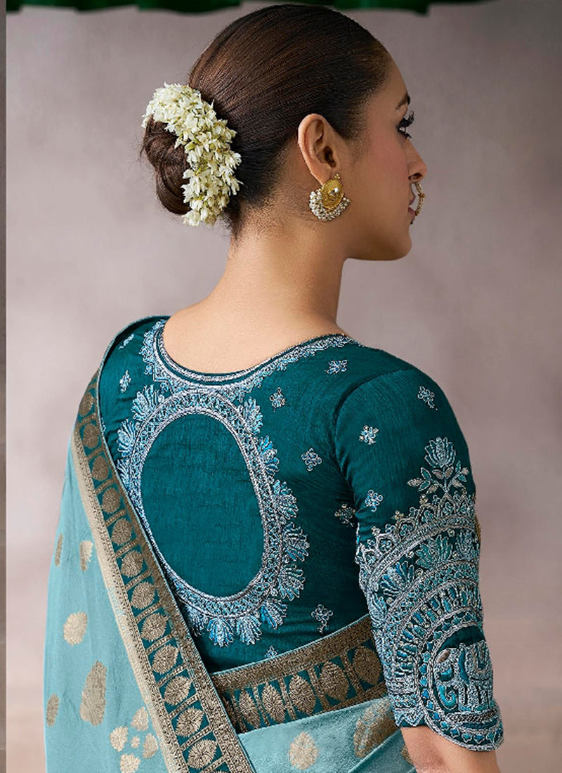 Pure Crepe Sky Blue Wedding Wear Heavy Work Wedding Saree 387285