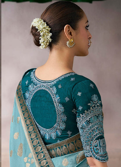 Pure Crepe Sky Blue Wedding Wear Heavy Work Wedding Saree 387285