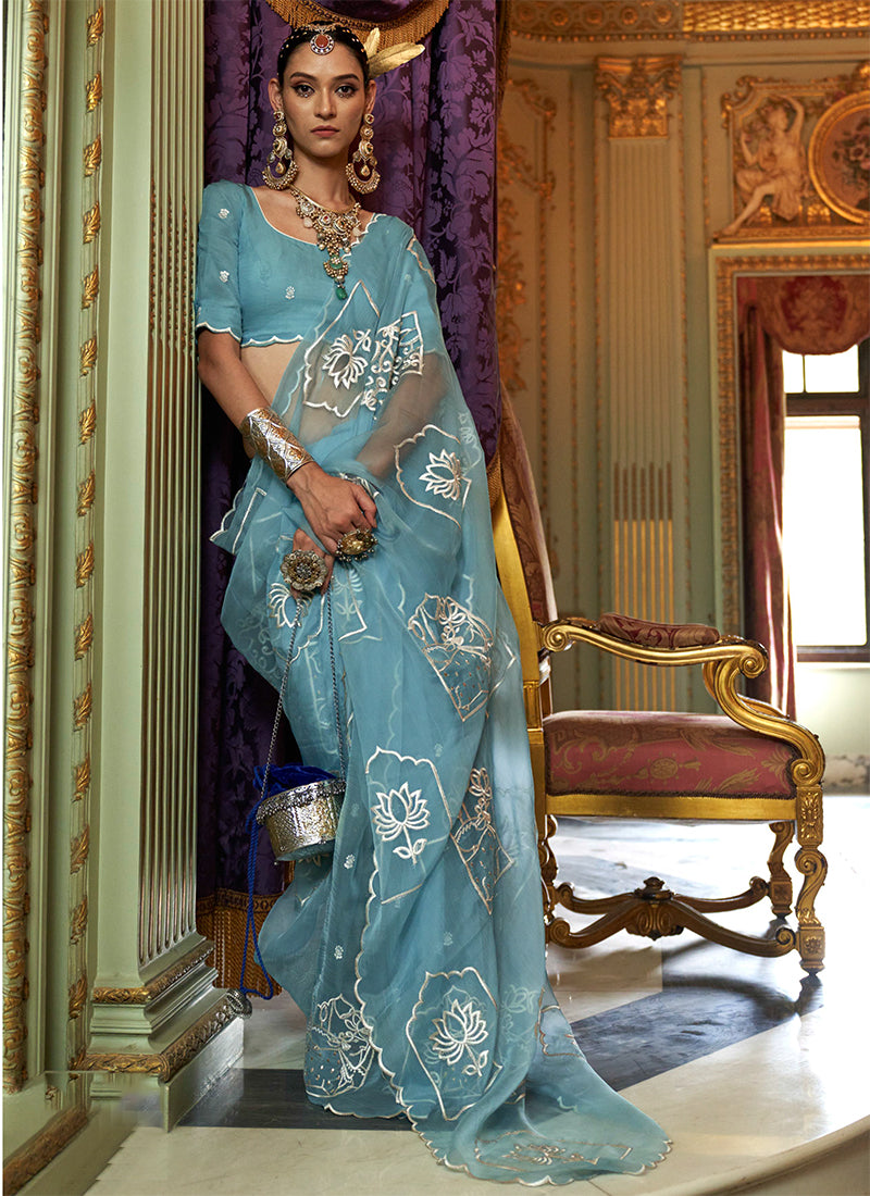 Ruby Chiffon Sky Blue Festival Wear Thread Embroidery Work Designer Saree 388261