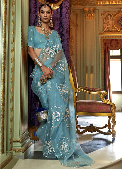 Ruby Chiffon Sky Blue Festival Wear Thread Embroidery Work Designer Saree 388261