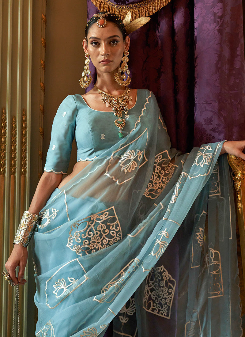 Ruby Chiffon Sky Blue Festival Wear Thread Embroidery Work Designer Saree 388261