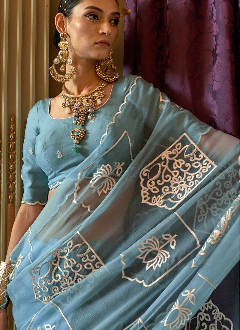 Ruby Chiffon Sky Blue Festival Wear Thread Embroidery Work Designer Saree 388261