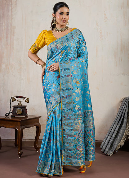 Sky Blue Satin Weaving Work Occasional Wear Saree SW904761