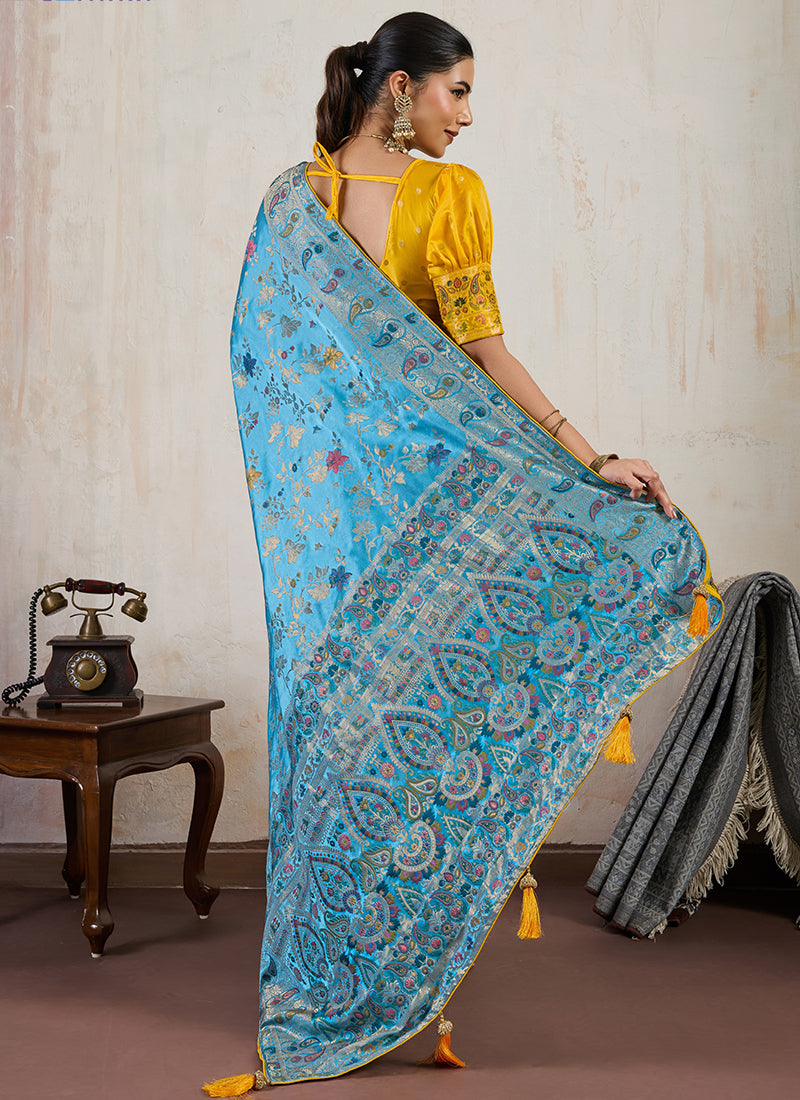Sky Blue Satin Weaving Work Occasional Wear Saree SW904761