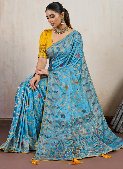 Sky Blue Satin Weaving Work Occasional Wear Saree SW904761