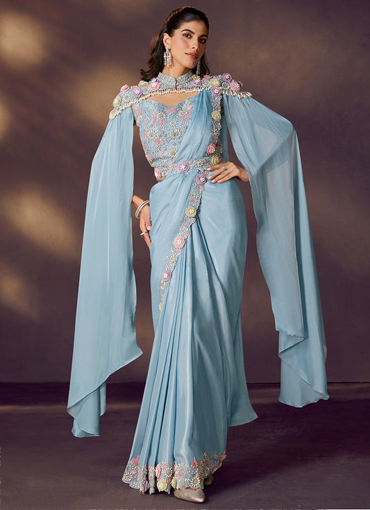 Satin Silk Sky Blue Wedding Wear Sequins Embroidery Ready To Wear Saree 386133