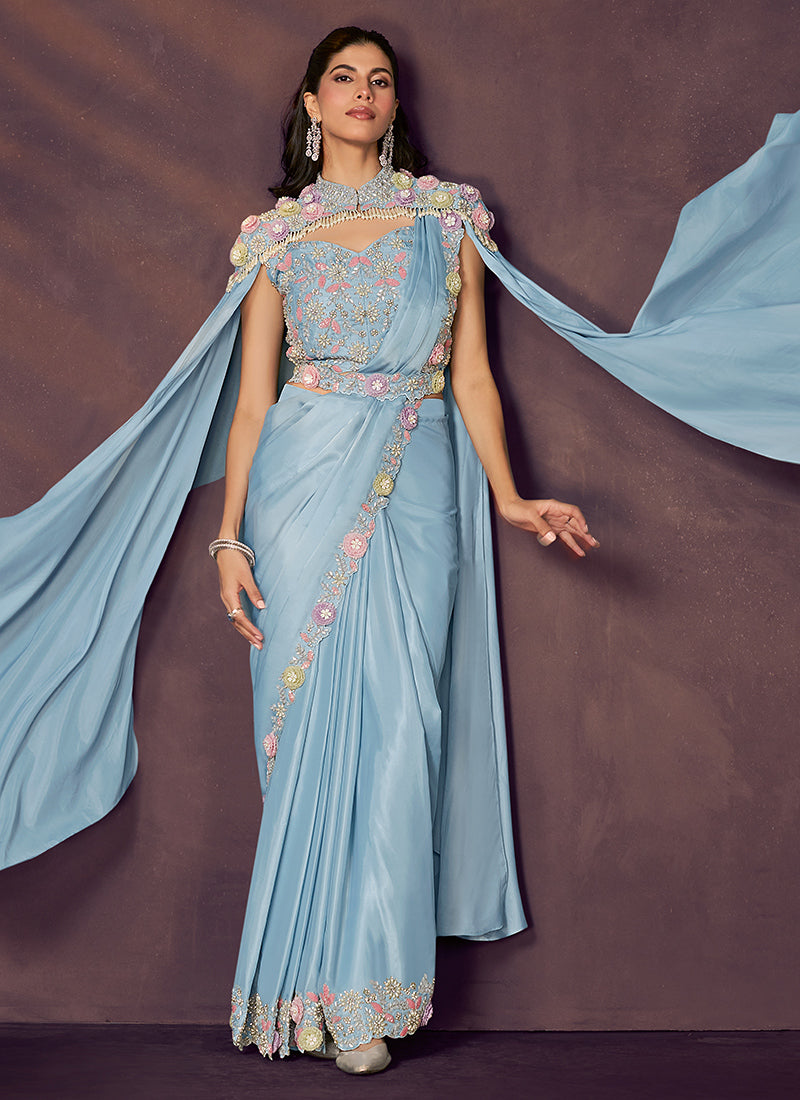 Satin Silk Sky Blue Wedding Wear Sequins Embroidery Ready To Wear Saree 386133