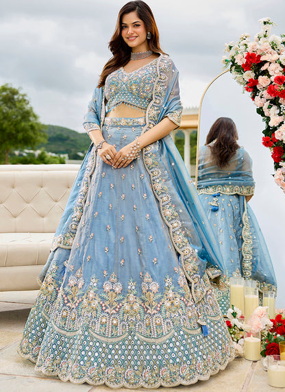Satin Silk Sky Blue Wedding Wear Heavy Embroidery Readymade Lehenga Choli