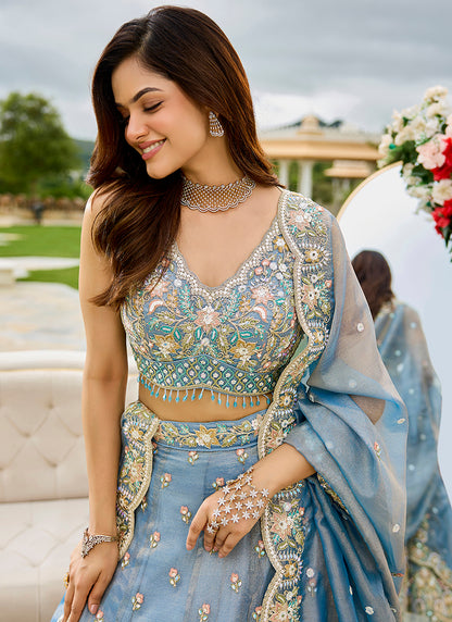 Satin Silk Sky Blue Wedding Wear Heavy Embroidery Readymade Lehenga Choli