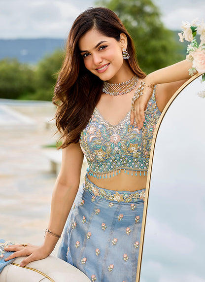 Satin Silk Sky Blue Wedding Wear Heavy Embroidery Readymade Lehenga Choli