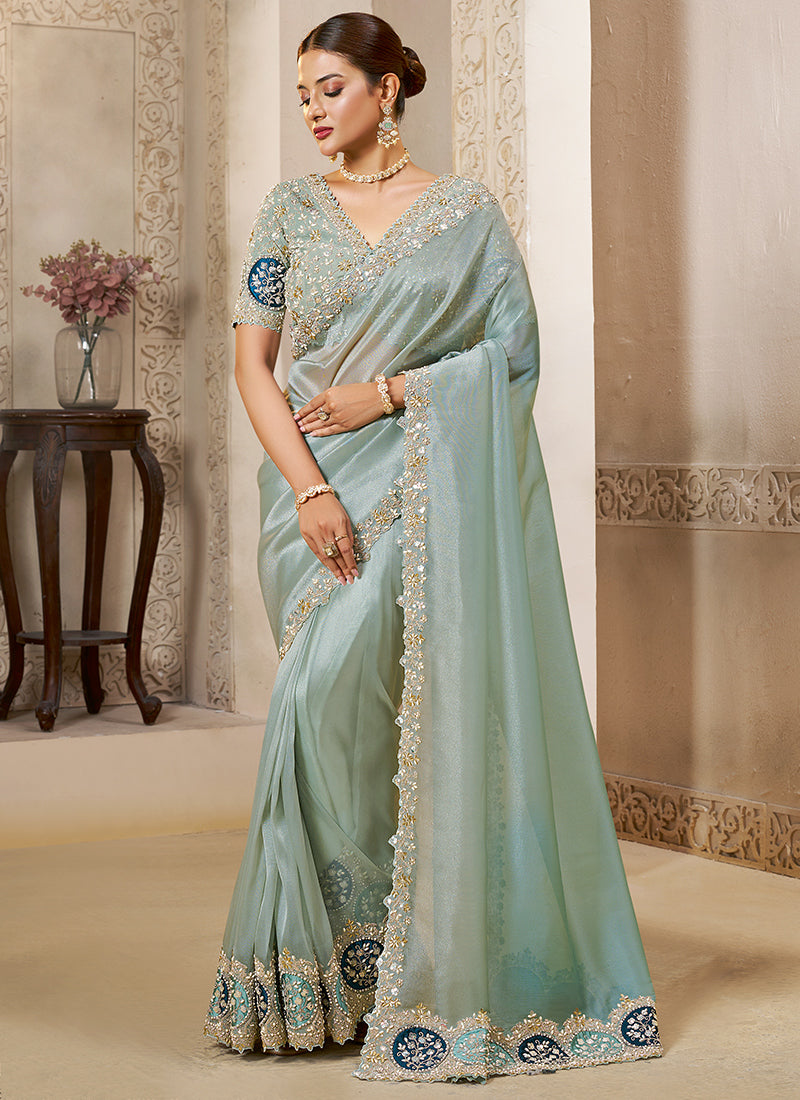 Satin Silk Sky Blue Wedding Wear Embroidery Work Saree 386118