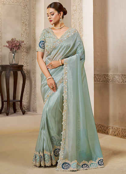 Satin Silk Sky Blue Wedding Wear Embroidery Work Saree 386118