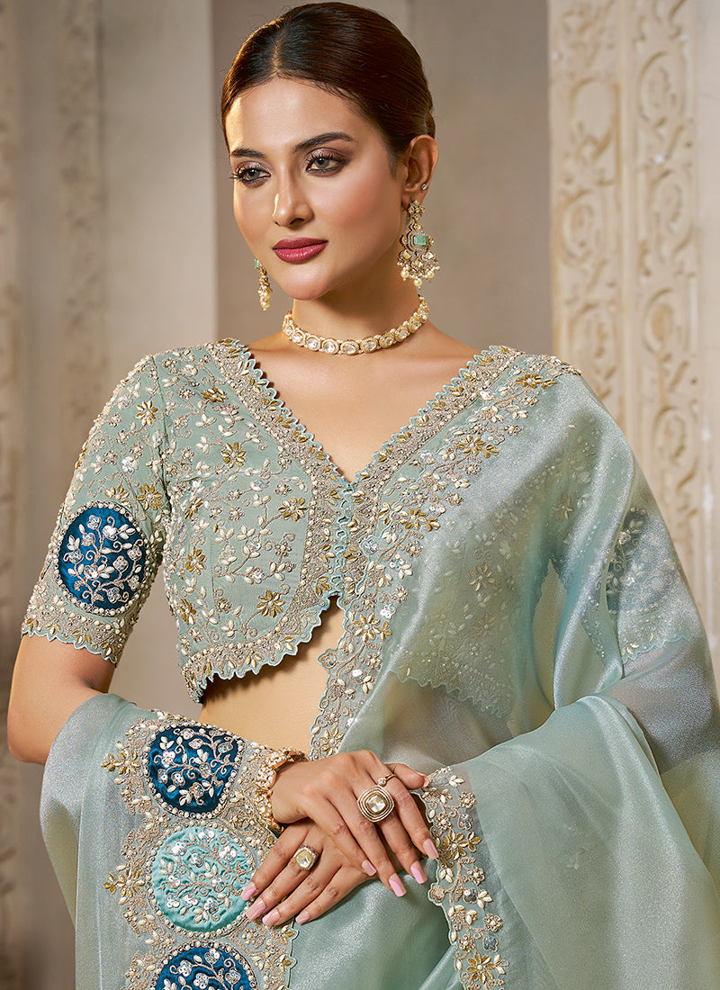 Satin Silk Sky Blue Wedding Wear Embroidery Work Saree 386118