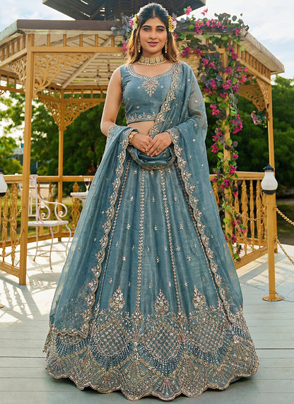 Sky Blue Satin Hand Work Wedding Wear Lehenga Choli SW271078