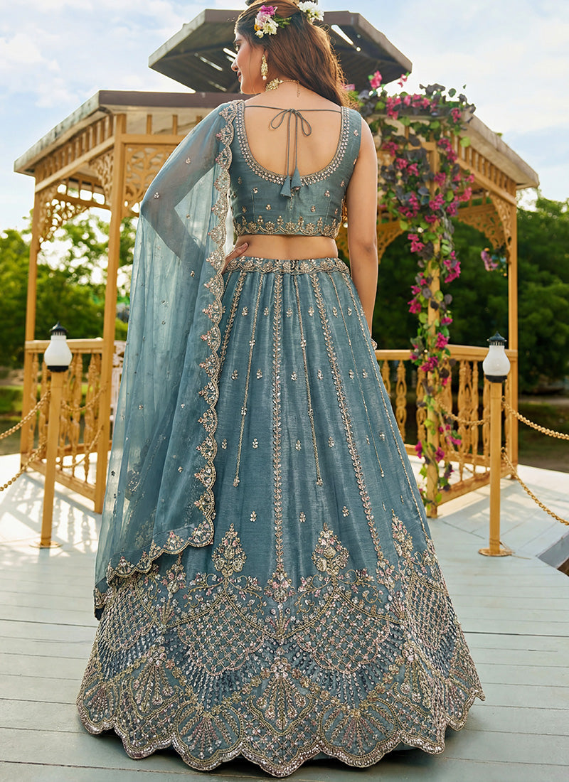 Sky Blue Satin Hand Work Wedding Wear Lehenga Choli SW271078