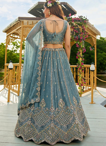Sky Blue Satin Hand Work Wedding Wear Lehenga Choli SW271078