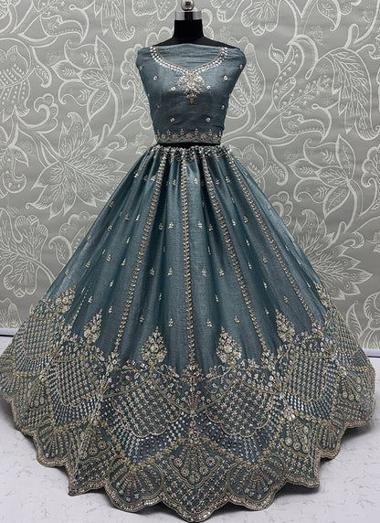Sky Blue Satin Hand Work Wedding Wear Lehenga Choli SW271078