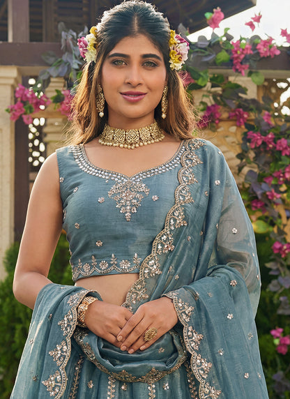 Sky Blue Satin Hand Work Wedding Wear Lehenga Choli SW271078