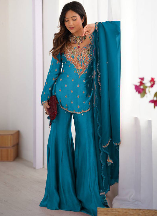 Sky Blue Shimmer Silk Embroidery Work Festival Wear Readymade Sharara Suit SW241907