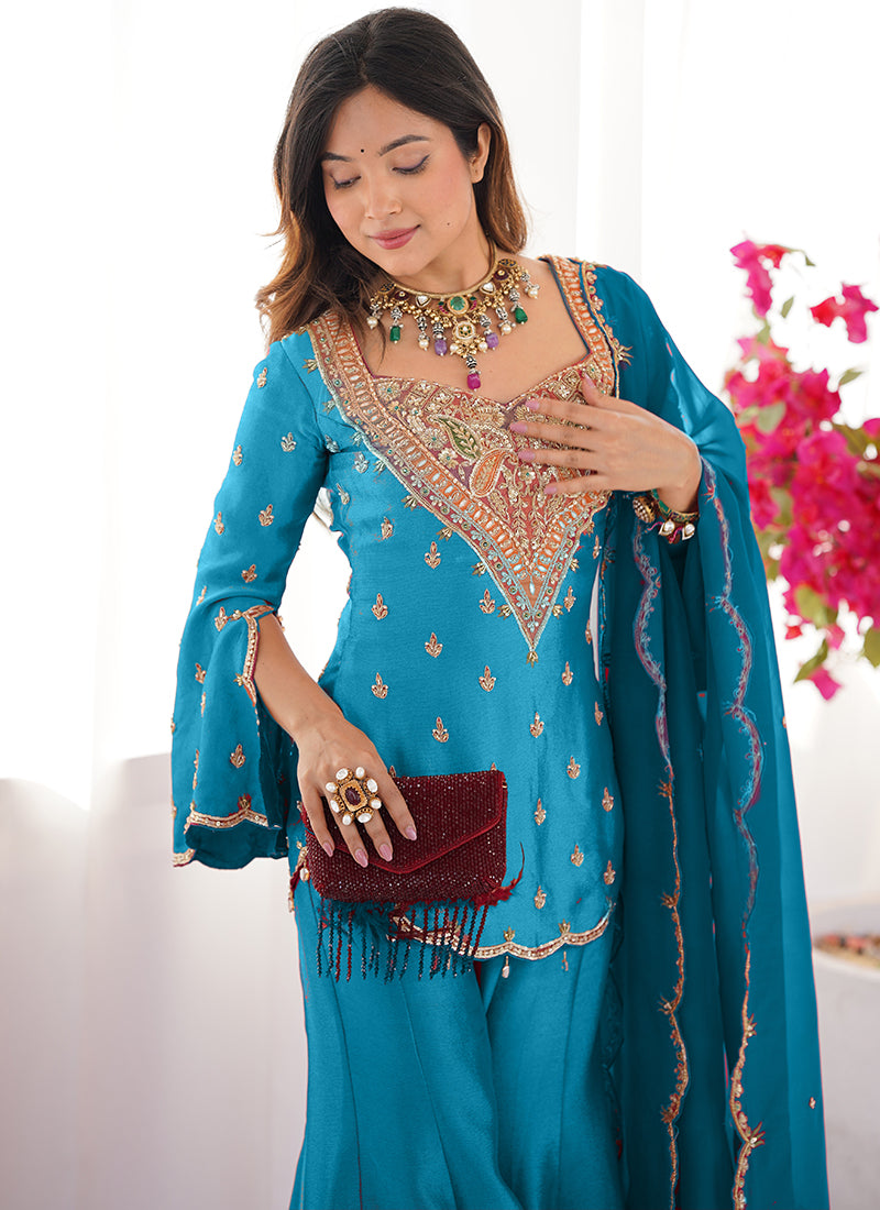 Sky Blue Shimmer Silk Embroidery Work Festival Wear Readymade Sharara Suit SW241907