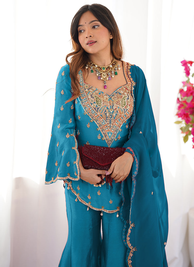 Sky Blue Shimmer Silk Embroidery Work Festival Wear Readymade Sharara Suit SW241907