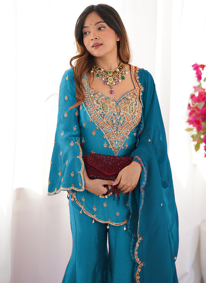 Sky Blue Shimmer Silk Embroidery Work Festival Wear Readymade Sharara Suit SW241907