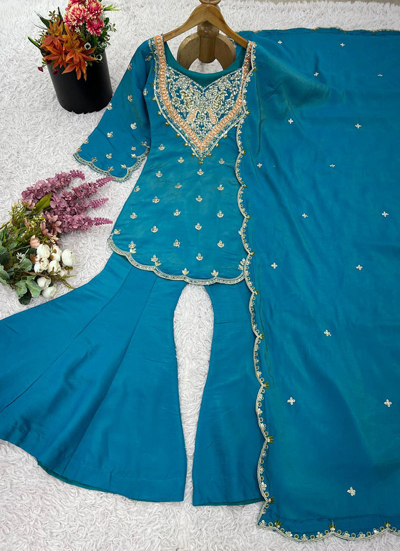 Sky Blue Shimmer Silk Embroidery Work Festival Wear Readymade Sharara Suit SW241907