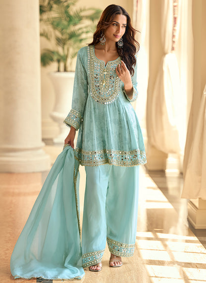 Sky Blue Shimmer Silk Mirror Work Occasional Wear Readymade Plazzo Suit SW792655