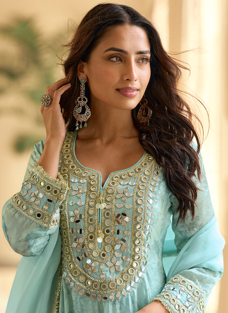 Sky Blue Shimmer Silk Mirror Work Occasional Wear Readymade Plazzo Suit SW792655