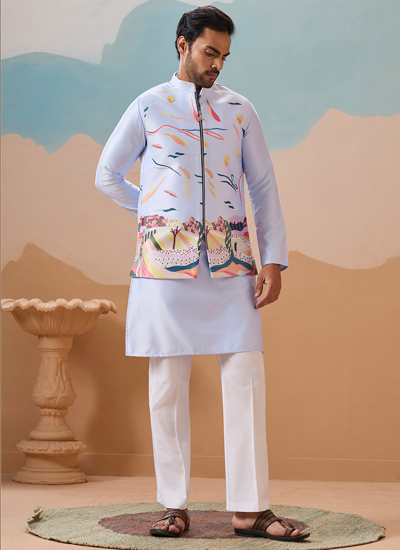 Silk Sky Blue Festival Wear Embroidery Work Readymade Modi Jacket Kurta Pajama 386373