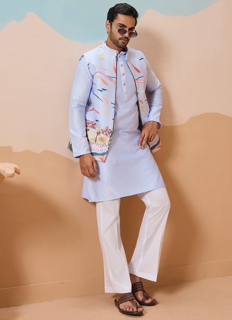 Silk Sky Blue Festival Wear Embroidery Work Readymade Modi Jacket Kurta Pajama 386373