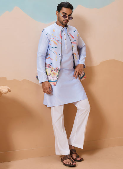 Silk Sky Blue Festival Wear Embroidery Work Readymade Modi Jacket Kurta Pajama 386373