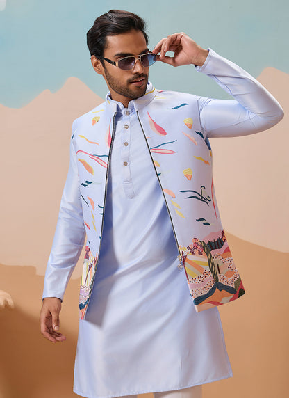 Silk Sky Blue Festival Wear Embroidery Work Readymade Modi Jacket Kurta Pajama 386373