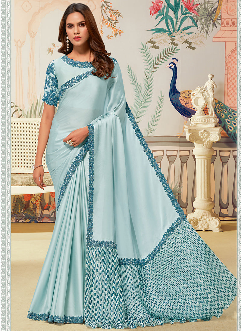 Silk Sky Blue Saree with Embroidery Work for Festival Wear 385041