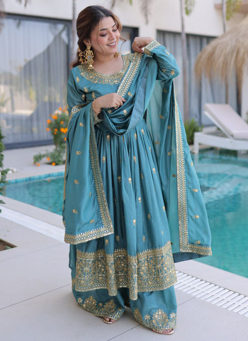 Sky Blue Silk Sequins Work Festival Wear Readymade Plazzo Suit SW168653