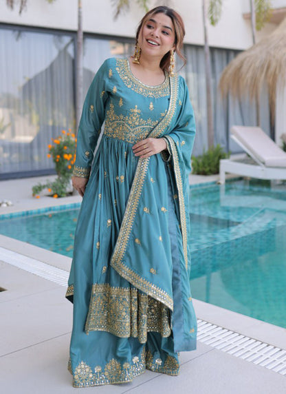 Sky Blue Silk Sequins Work Festival Wear Readymade Plazzo Suit SW168653