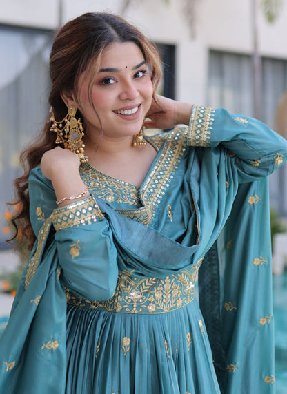 Sky Blue Silk Sequins Work Festival Wear Readymade Plazzo Suit SW168653