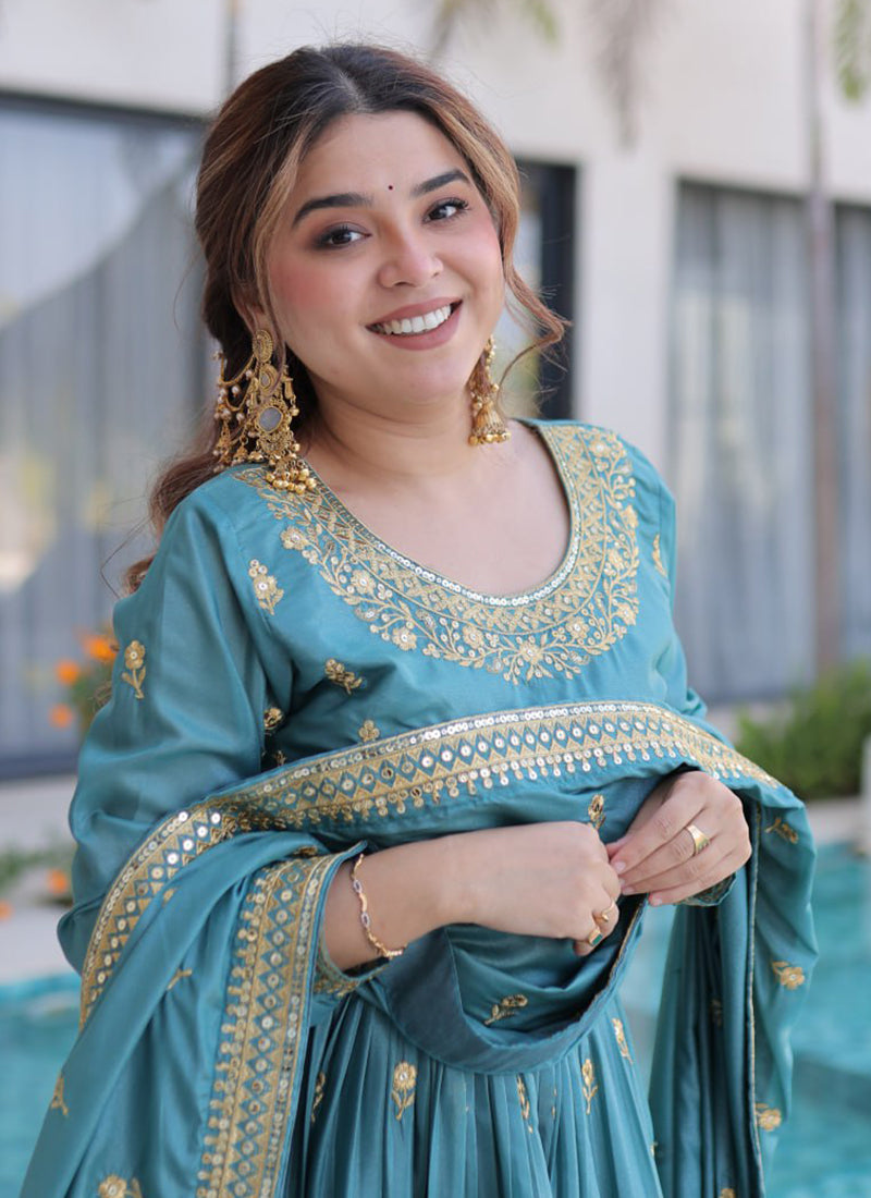 Sky Blue Silk Sequins Work Festival Wear Readymade Plazzo Suit SW168653