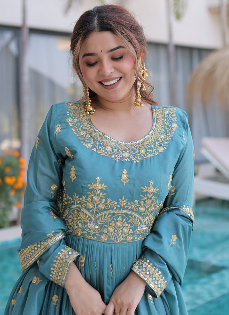 Sky Blue Silk Sequins Work Festival Wear Readymade Plazzo Suit SW168653