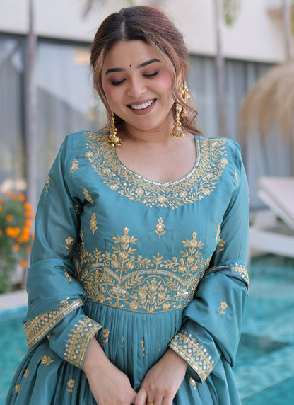 Sky Blue Silk Sequins Work Festival Wear Readymade Plazzo Suit SW168653