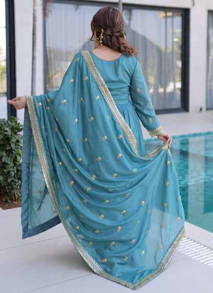 Sky Blue Silk Sequins Work Festival Wear Readymade Plazzo Suit SW168653