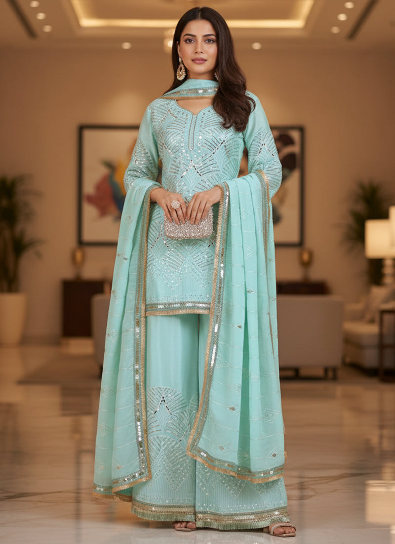 Sky Blue Silk Mirror Work Occasional Wear Readymade Plazzo Suit SW520155